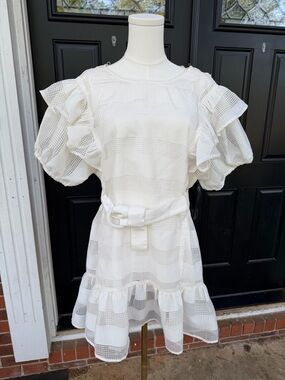 Women’s White Ruffled Belted Dress Large